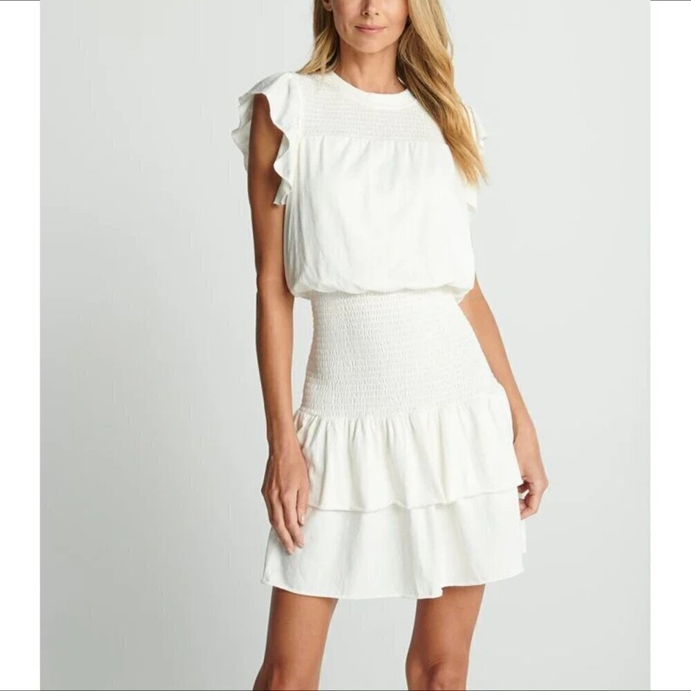 Sundays Riley mini dress white cream knit ruffle smocked tiered elastic Small